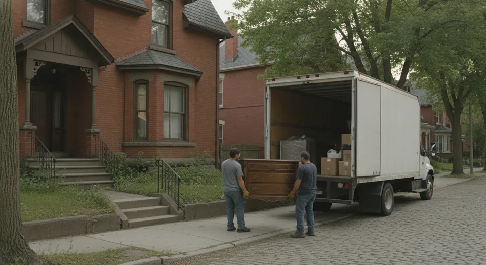 Junk removal crew carrying furniture out of a century brick house in Galt, Cambridge, Ontario to a truck at the curb